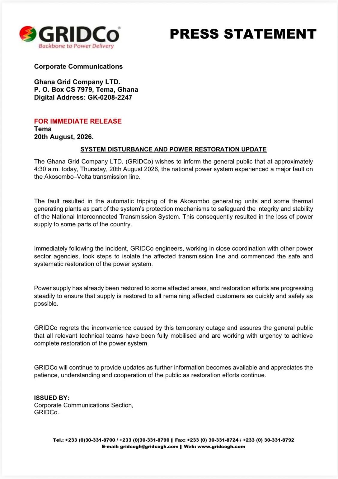 Press Statement from GRIDCO